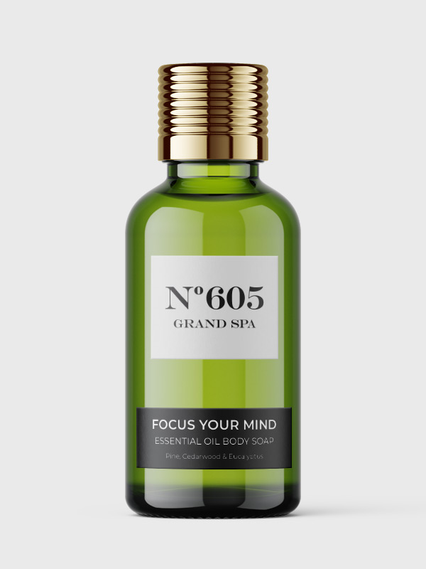 Grand Spa Focus Your Mind Essential Oil Body Soap miniature bottle for use as hotel in room amenities